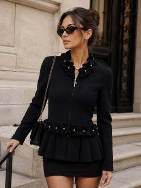 Vintage J.S.S. Black Ruffle Rhinestone Peplum Zip Jacket Size Small Y2K